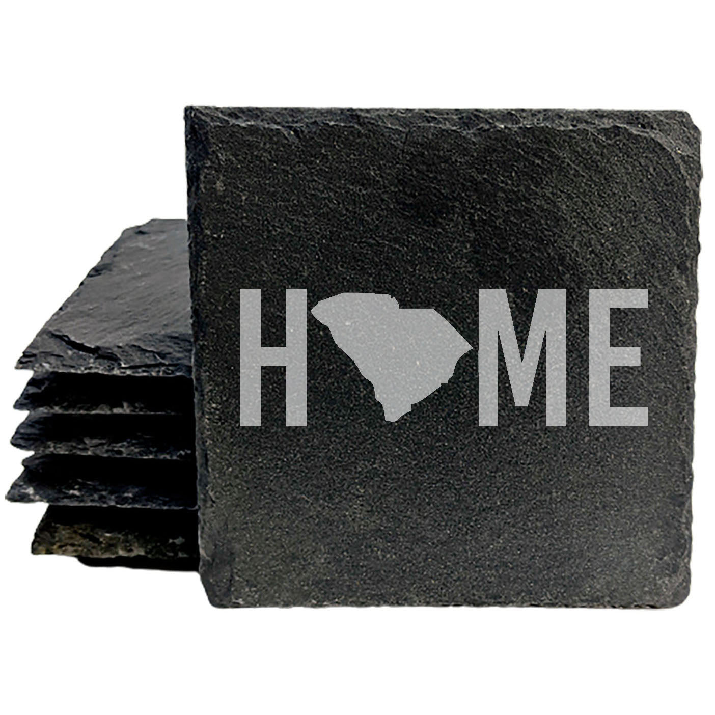 Rustic Slate Coasters Set of 4, Laser Etched 'HOME' Design with South Carolina, 4" Round, Natural Chipped Edge, Rubber Feet, , Perfect for Holidays, Birthdays, Housewarming, USA Made