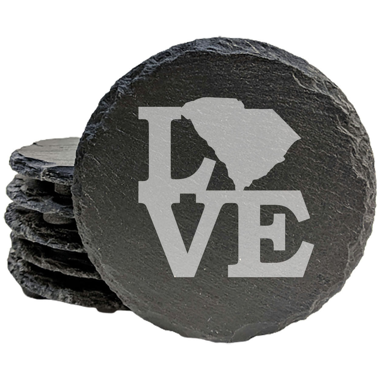 Rustic Slate Coasters Set of 4, Round 4" with 'LOVE' South Carolina Design, Perfect for Holidays, Birthdays, Housewarming Gifts, She-Shed or Man Cave, Made in Oregon, USA, Natural Chipped Edge