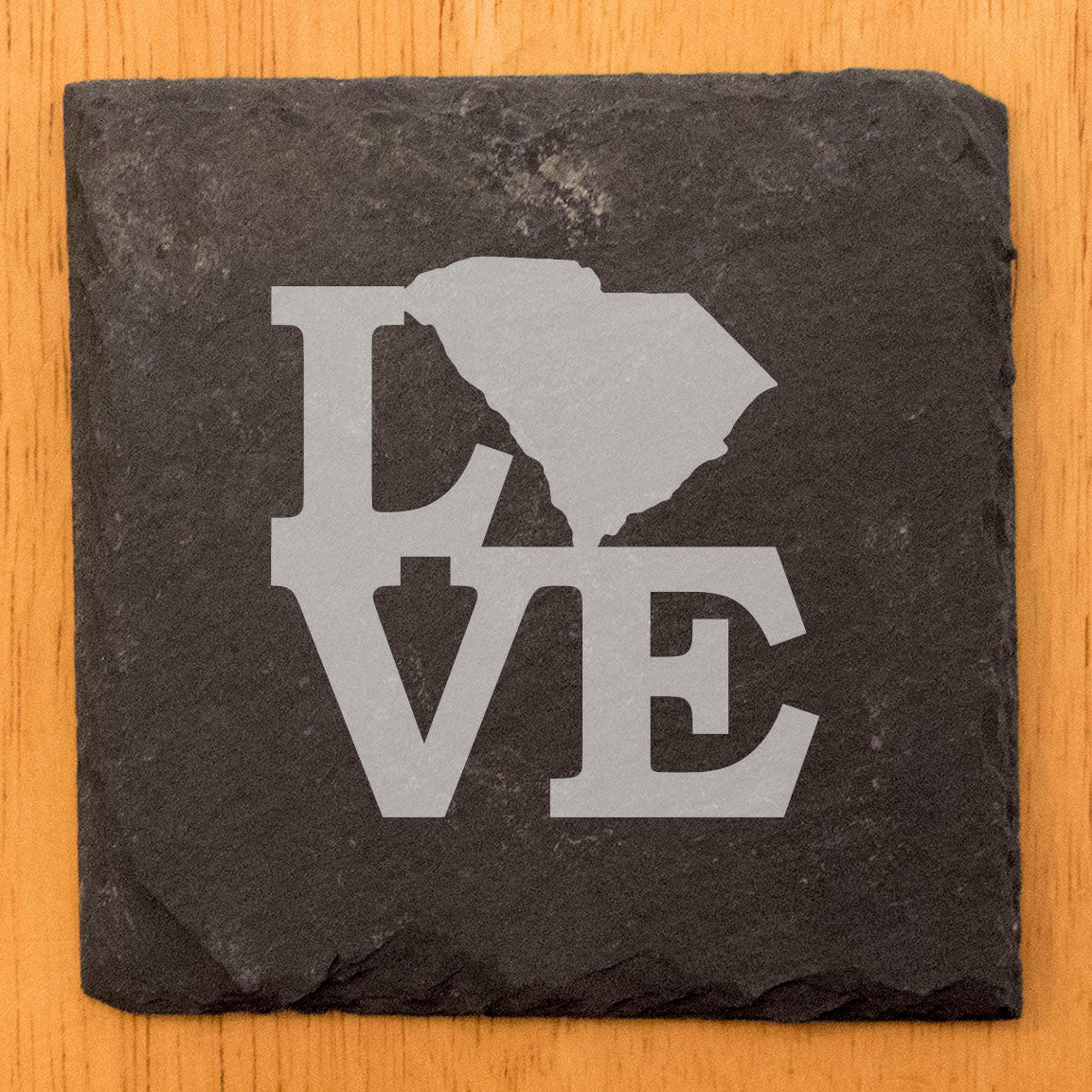 Rustic Slate Coasters Set of 4, Round 4" with 'LOVE' South Carolina Design, Perfect for Holidays, Birthdays, Housewarming Gifts, She-Shed or Man Cave, Made in Oregon, USA, Natural Chipped Edge