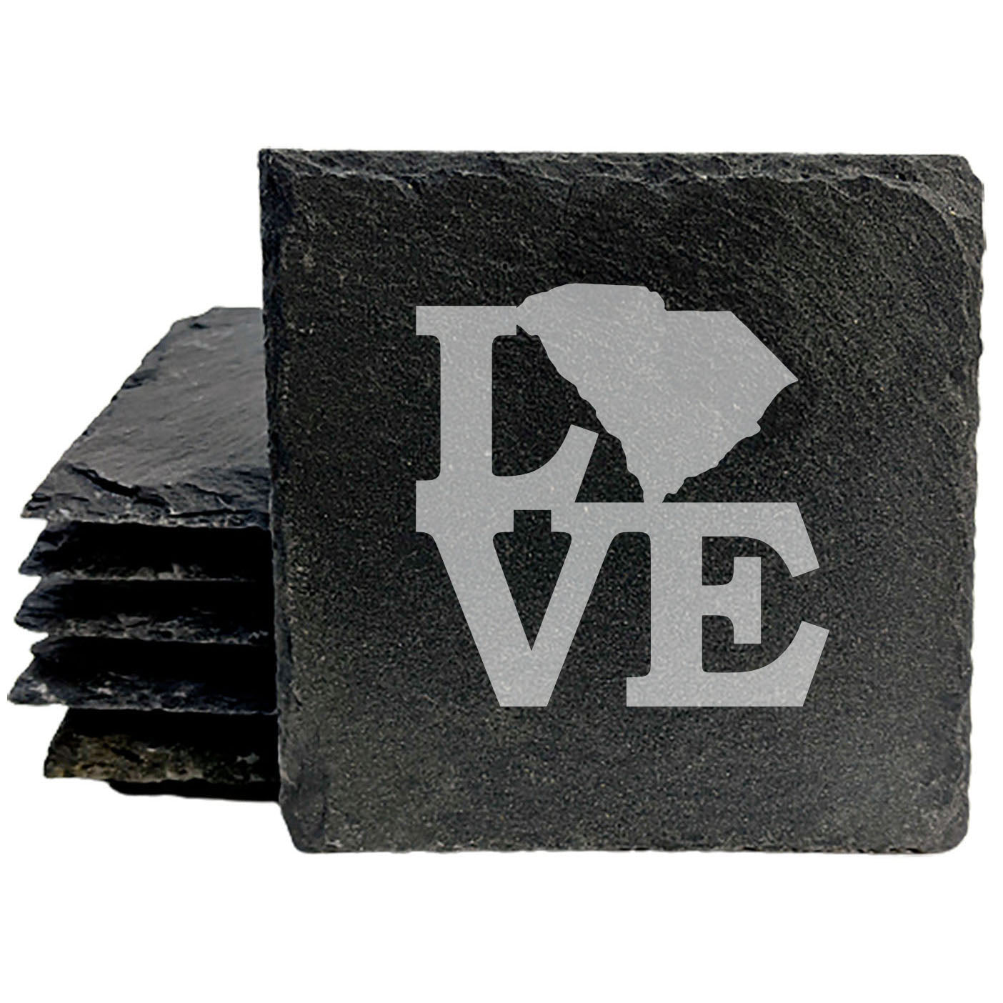Rustic Slate Coasters Set of 4, Round 4" with 'LOVE' South Carolina Design, Perfect for Holidays, Birthdays, Housewarming Gifts, She-Shed or Man Cave, Made in Oregon, USA, Natural Chipped Edge