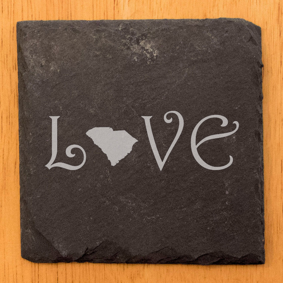 Rustic Slate Coasters Set of 4, Laser Etched 'LOVE' Design with South Carolina, 4" Square, Natural Chipped Edge, Rubber Feet, , Perfect for Holidays, Birthdays, Housewarming