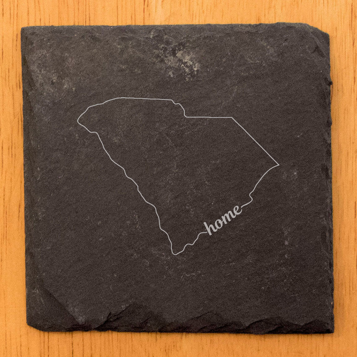 Rustic Slate Coasters Set of 4 - South Carolina 'Home' Design, 4" Round, Natural Chipped Edge, Rubber Feet, - Perfect for Holidays, Birthdays, Housewarming - Made in Oregon, USA