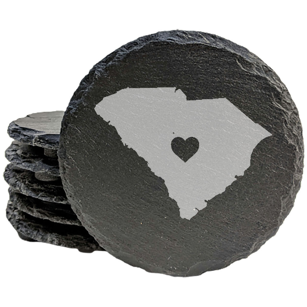 Rustic Slate Coasters Set of 4, Round 4" with South Carolina Heart Design, Perfect for Holidays, Birthdays, Housewarming Gifts, She-Shed or Man Cave, Made in Oregon, USA, Natural Chipped Edge