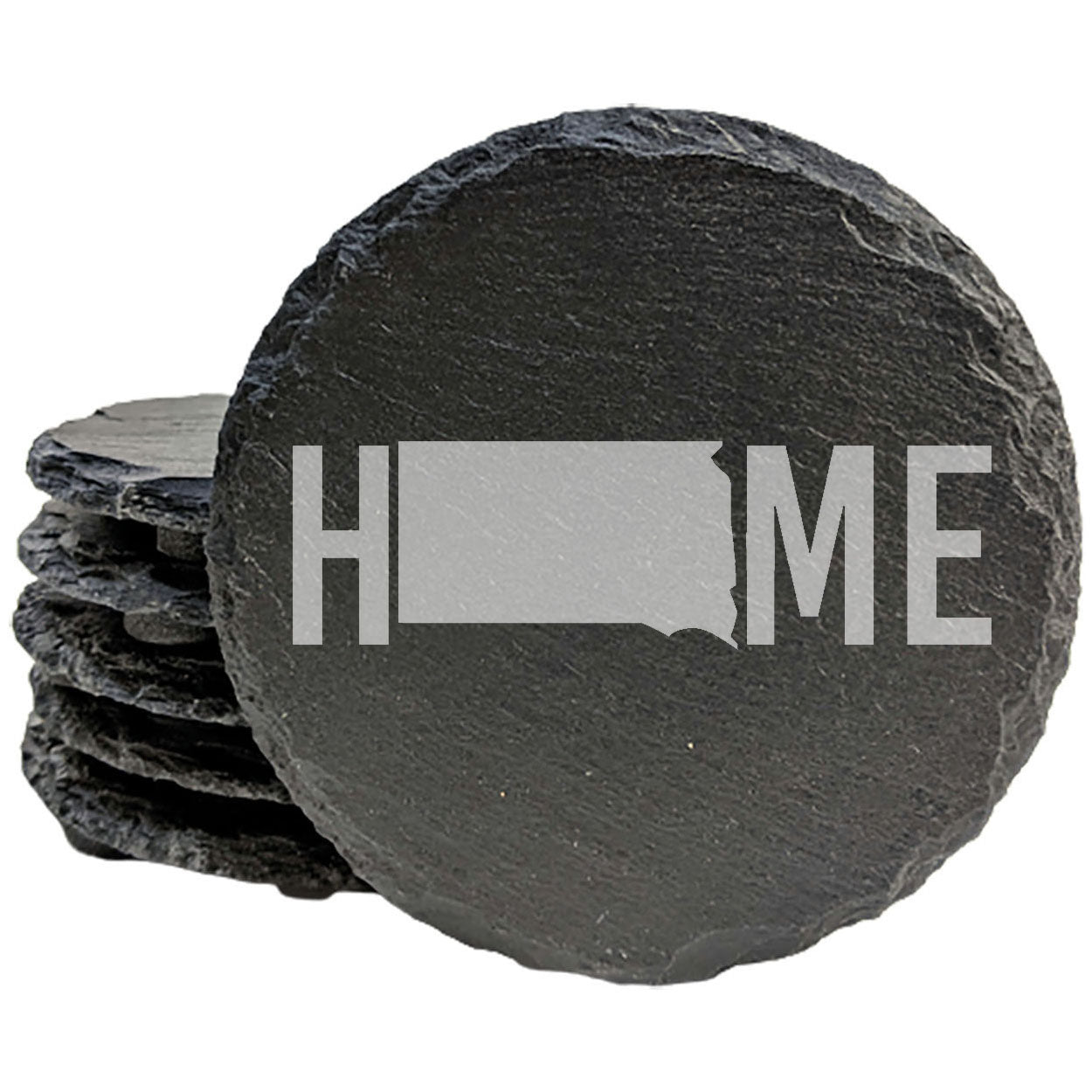 Rustic Slate Coasters Set of 4 - Laser Etched 'HOME' Design with South Dakota State - Perfect Gift for Holidays, Birthdays, Housewarming - Round 4" - Made in Oregon, USA - Natural Chipped Edge