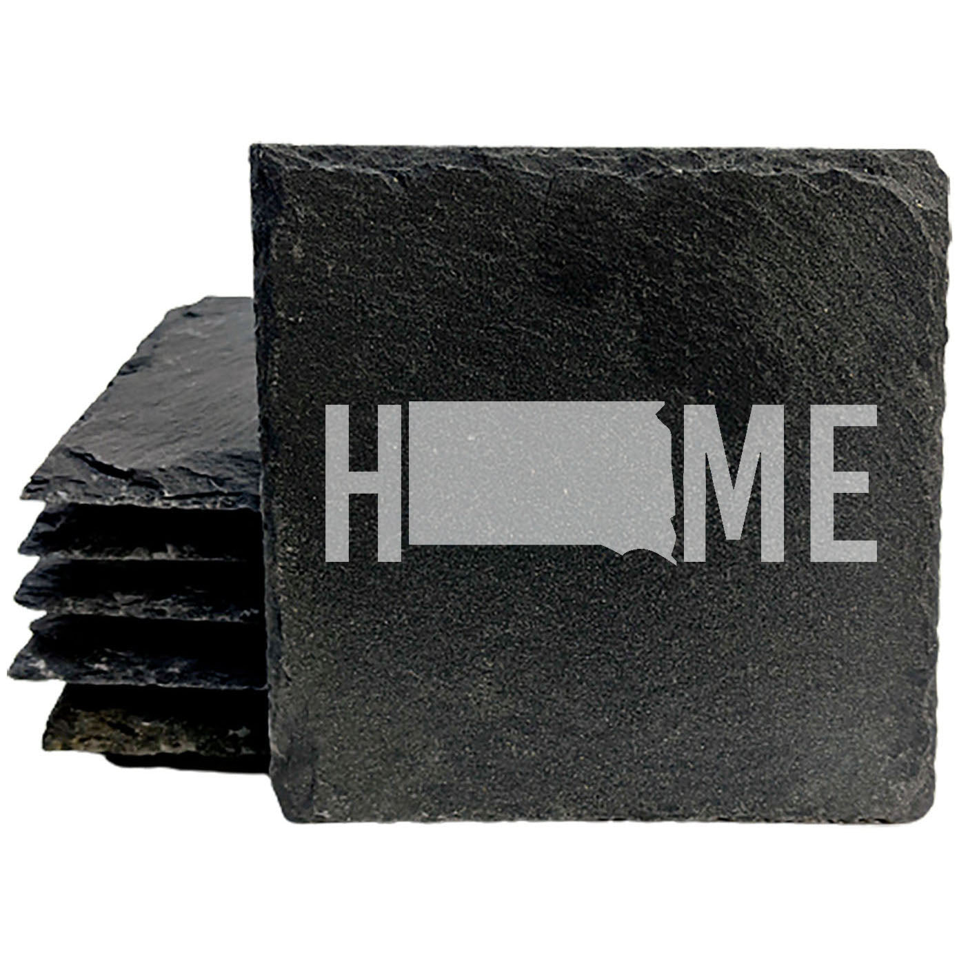 Rustic Slate Coasters Set of 4 - Laser Etched 'HOME' Design with South Dakota State - Perfect Gift for Holidays, Birthdays, Housewarming - Round 4" - Made in Oregon, USA - Natural Chipped Edge