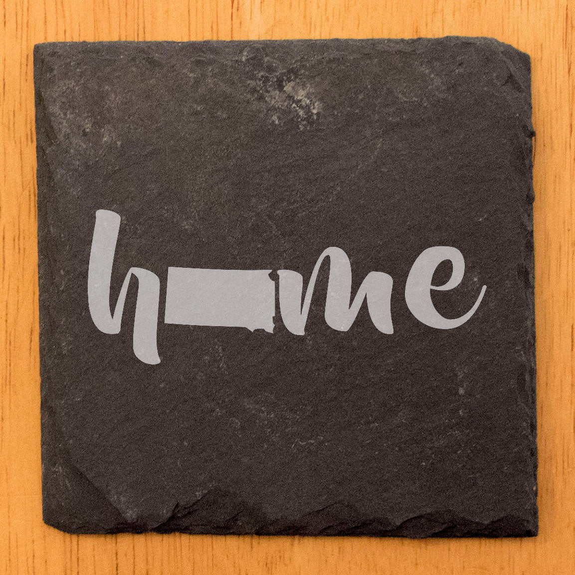 Rustic Slate Coasters Set of 4 - Laser Etched 'Home' Design with South Dakota State - Perfect Gift for Holidays, Birthdays, Housewarming - 4" Round/Square - Made in Oregon, USA - Natural Edge