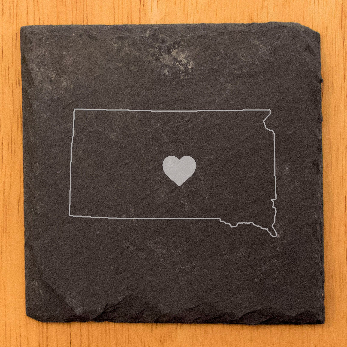 Rustic Slate Coasters Set of 4 - South Dakota Heart Design, 4" Round, Natural Chipped Edge, Rubber Feet, - Perfect for Holidays, Birthdays, Housewarming - Made in Oregon, USA
