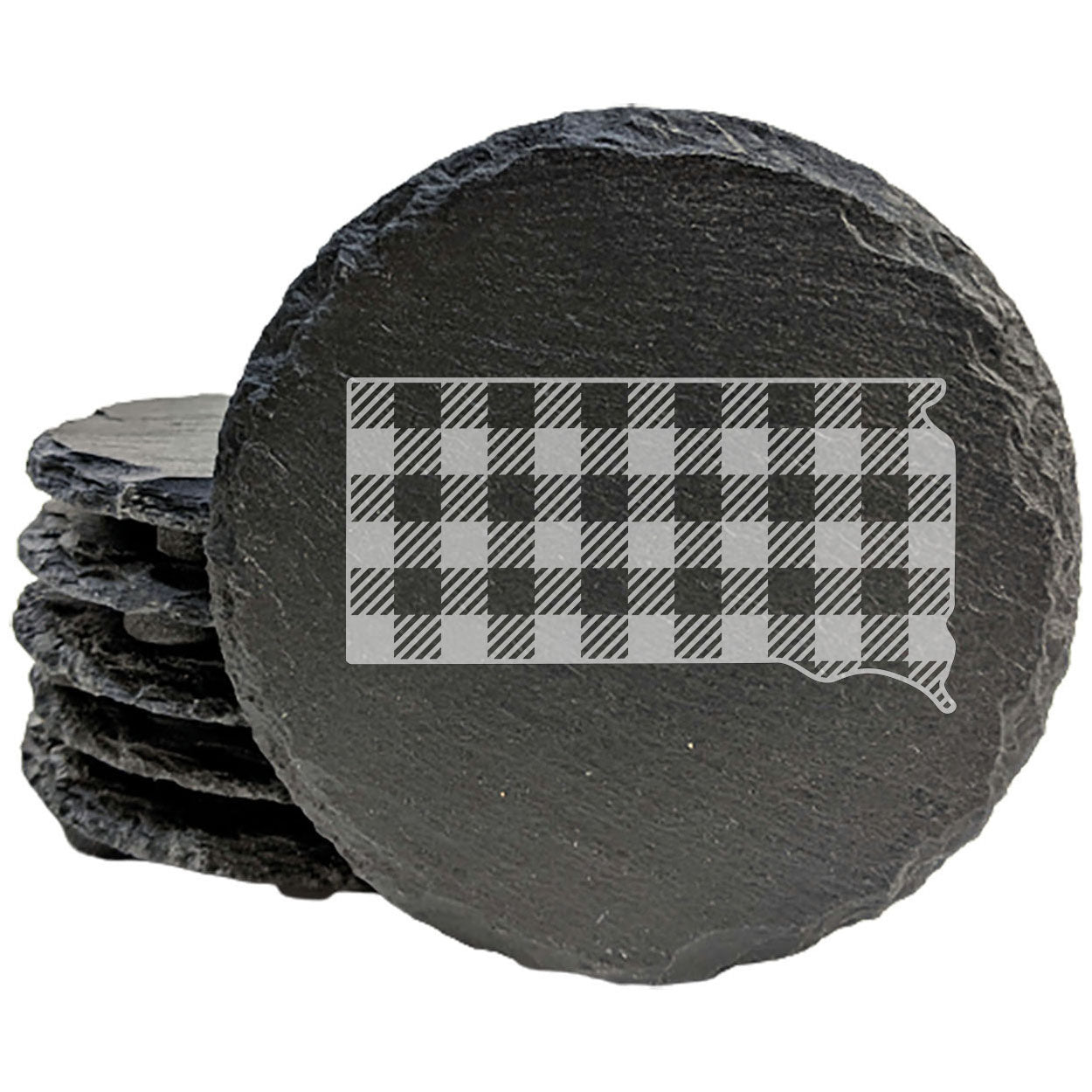 Rustic Slate Coasters Set of 4, Round 4" with South Dakota Plaid Design, Perfect for Holidays, Birthdays, Housewarming Gifts, She-Shed or Man Cave, Made in Oregon, USA, Natural Chipped Edge