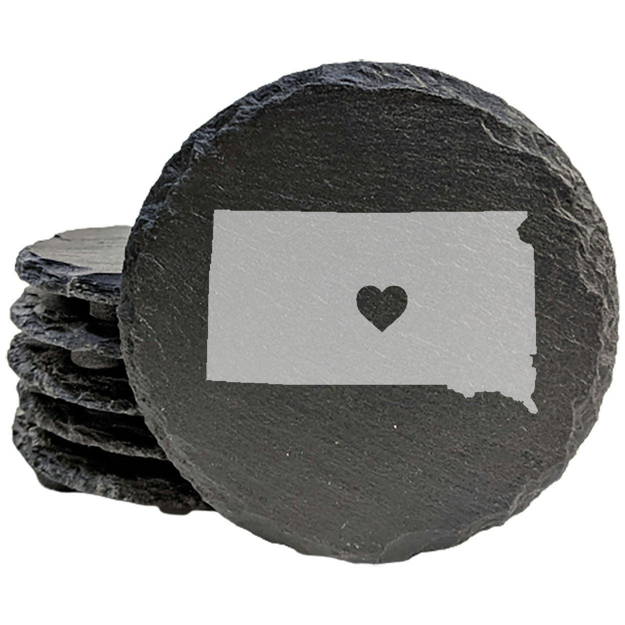 Rustic Slate Coasters Set of 4, Round 4" with South Dakota Heart Design, Perfect for Holidays, Birthdays, Housewarming Gifts, She-Shed or Man Cave, Made in Oregon, USA, Natural Chipped Edge