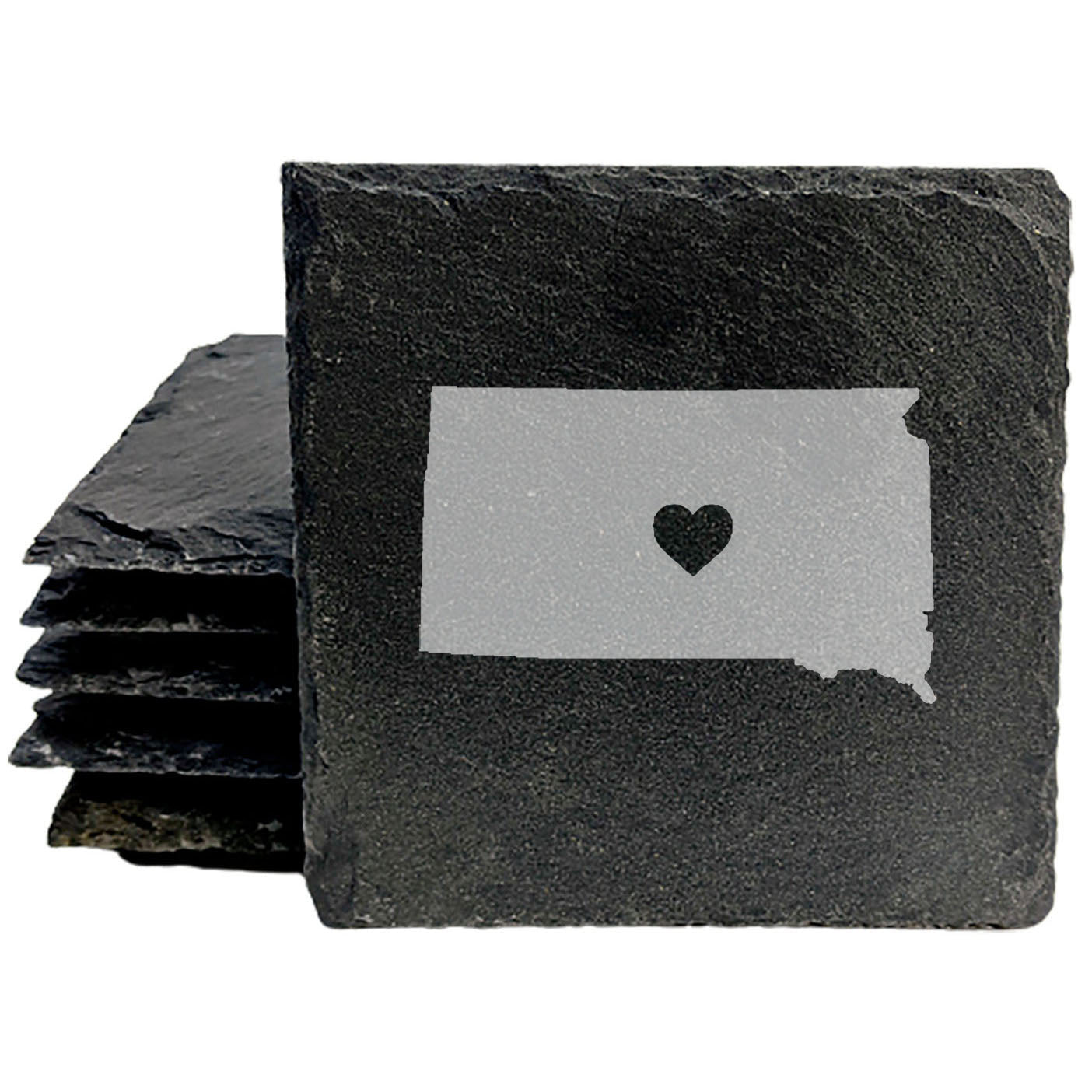 Rustic Slate Coasters Set of 4, Round 4" with South Dakota Heart Design, Perfect for Holidays, Birthdays, Housewarming Gifts, She-Shed or Man Cave, Made in Oregon, USA, Natural Chipped Edge