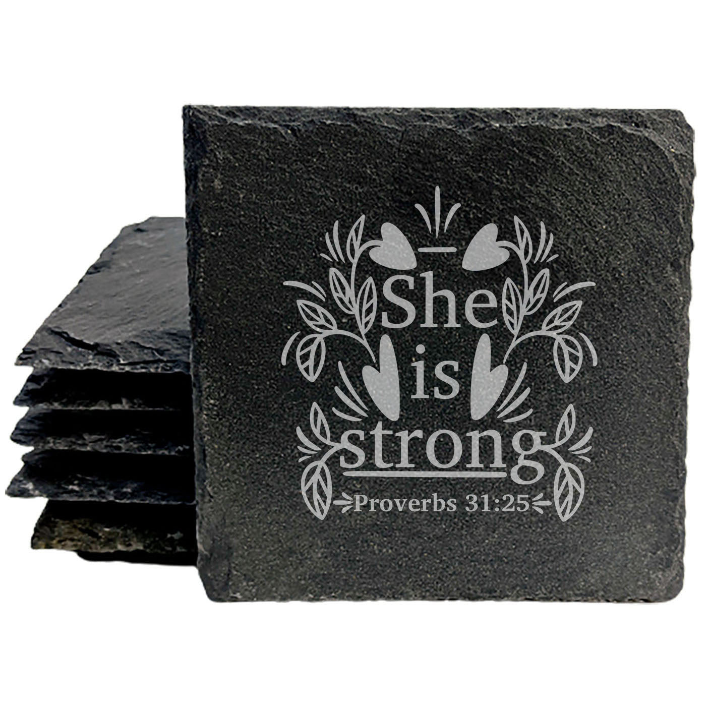 Faith and Hope: Laser Etched Divine Inspiration: Proverbs 31:25 Slate Coasters