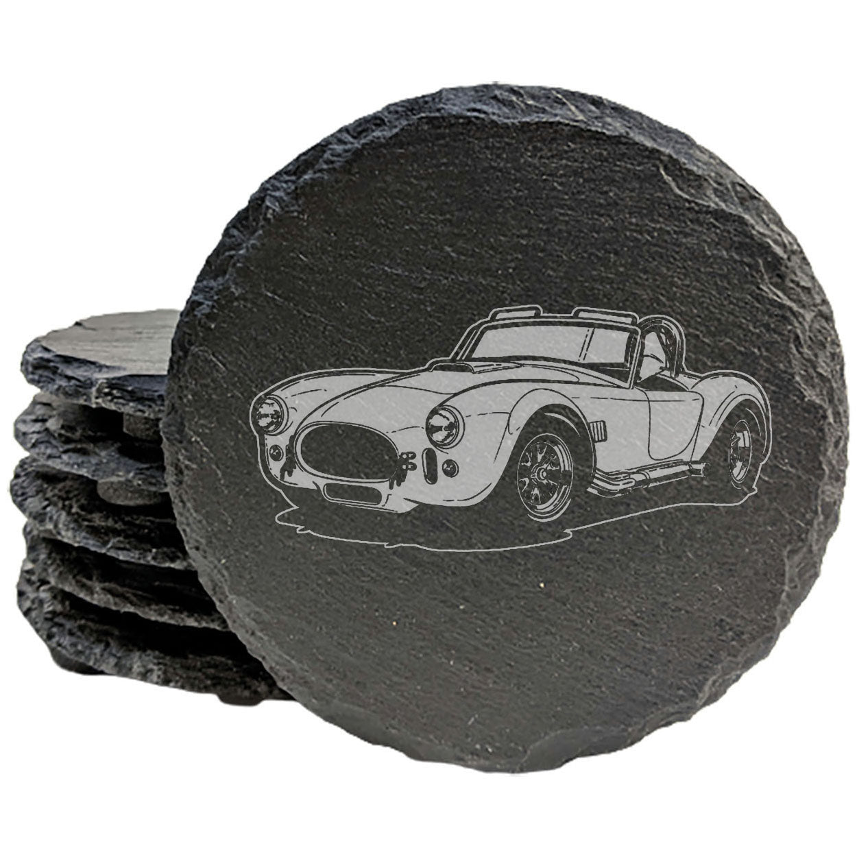 Rev Up Your Tabletop: Laser-Etched Slate Coasters Set Featuring Shelby Cobra Design - Stylish Protection for Your Surfaces!