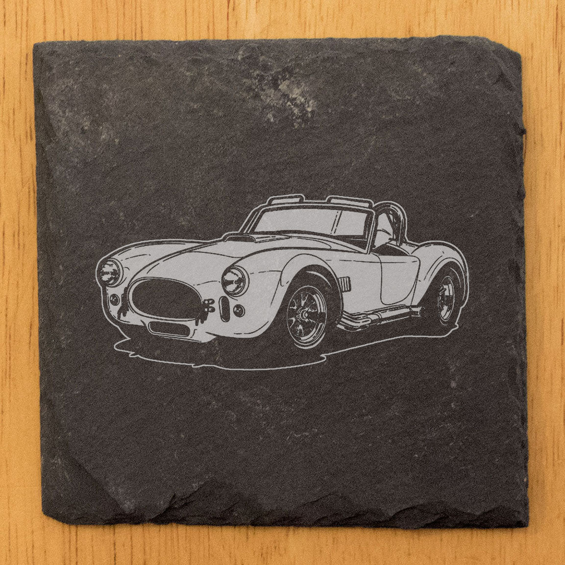 Rev Up Your Tabletop: Laser-Etched Slate Coasters Set Featuring Shelby Cobra Design - Stylish Protection for Your Surfaces!