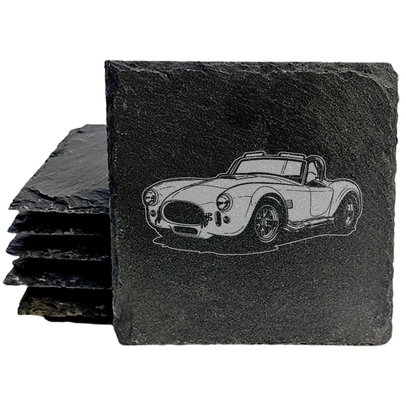 Rev Up Your Tabletop: Laser-Etched Slate Coasters Set Featuring Shelby Cobra Design - Stylish Protection for Your Surfaces!