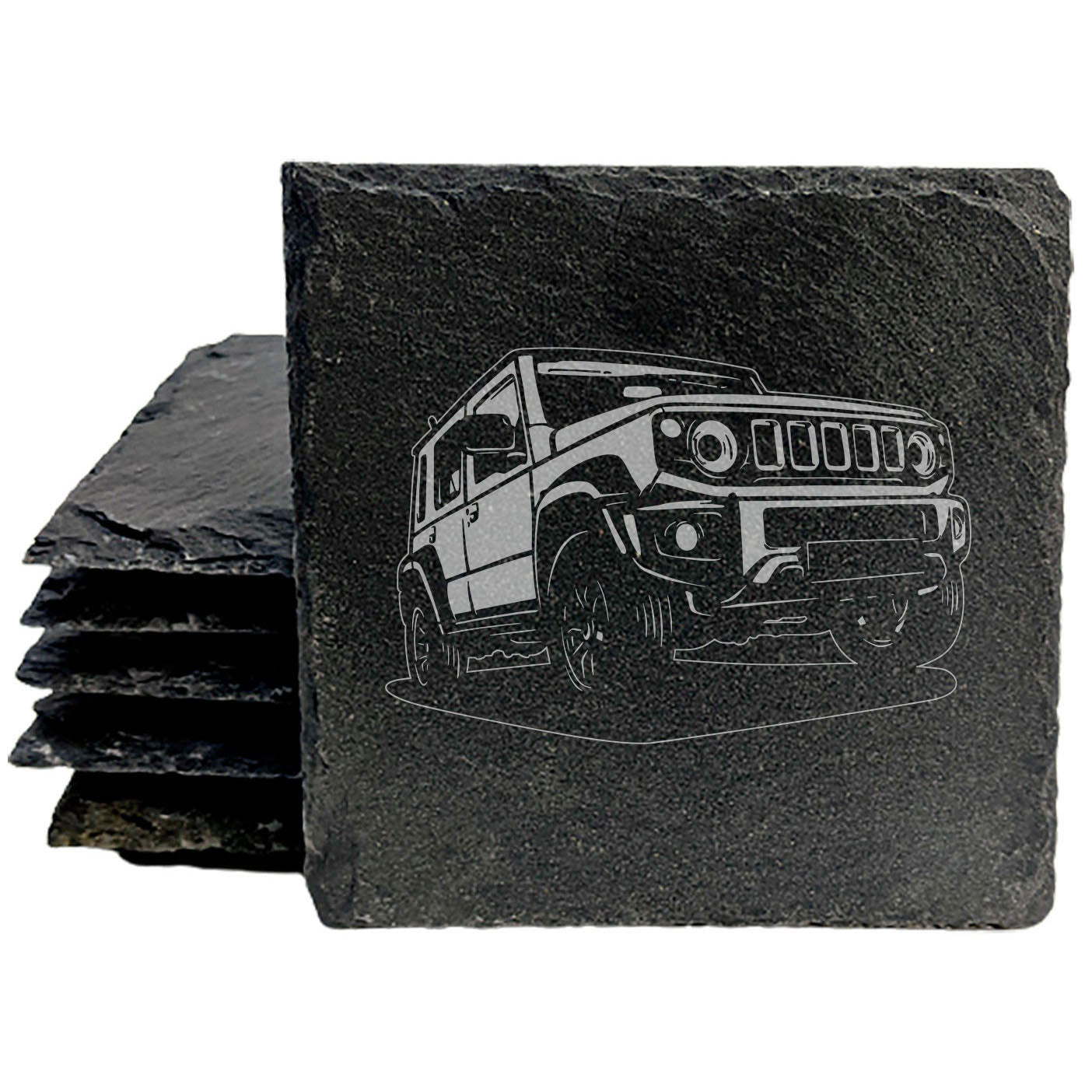 Classic Suzuki Jimny 2 Car Design Rustic Gray Slate Coasters Set of 4 - Laser Etched, Perfect for Holidays, Birthdays & Housewarming Gifts - Round or Square with Natural Chipped Edge & Rubber Feet