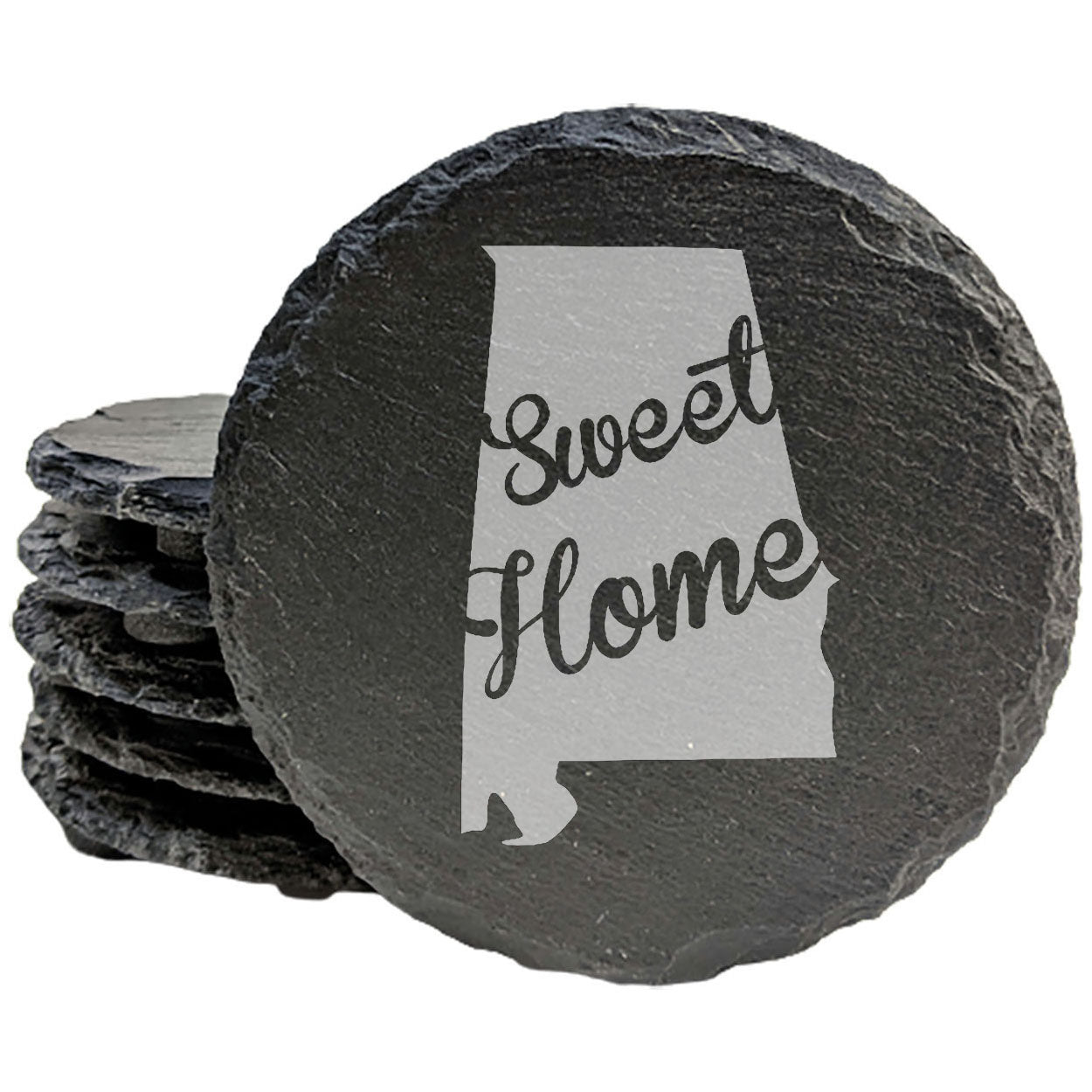 Rustic Slate Coasters Set of 4, Round 4" with 'Sweet Home' Alabama Design, Laser Etched, Perfect for Holidays, Birthdays, Housewarming, She-Shed, Man Cave, Made in Oregon, USA, Gift Boxed
