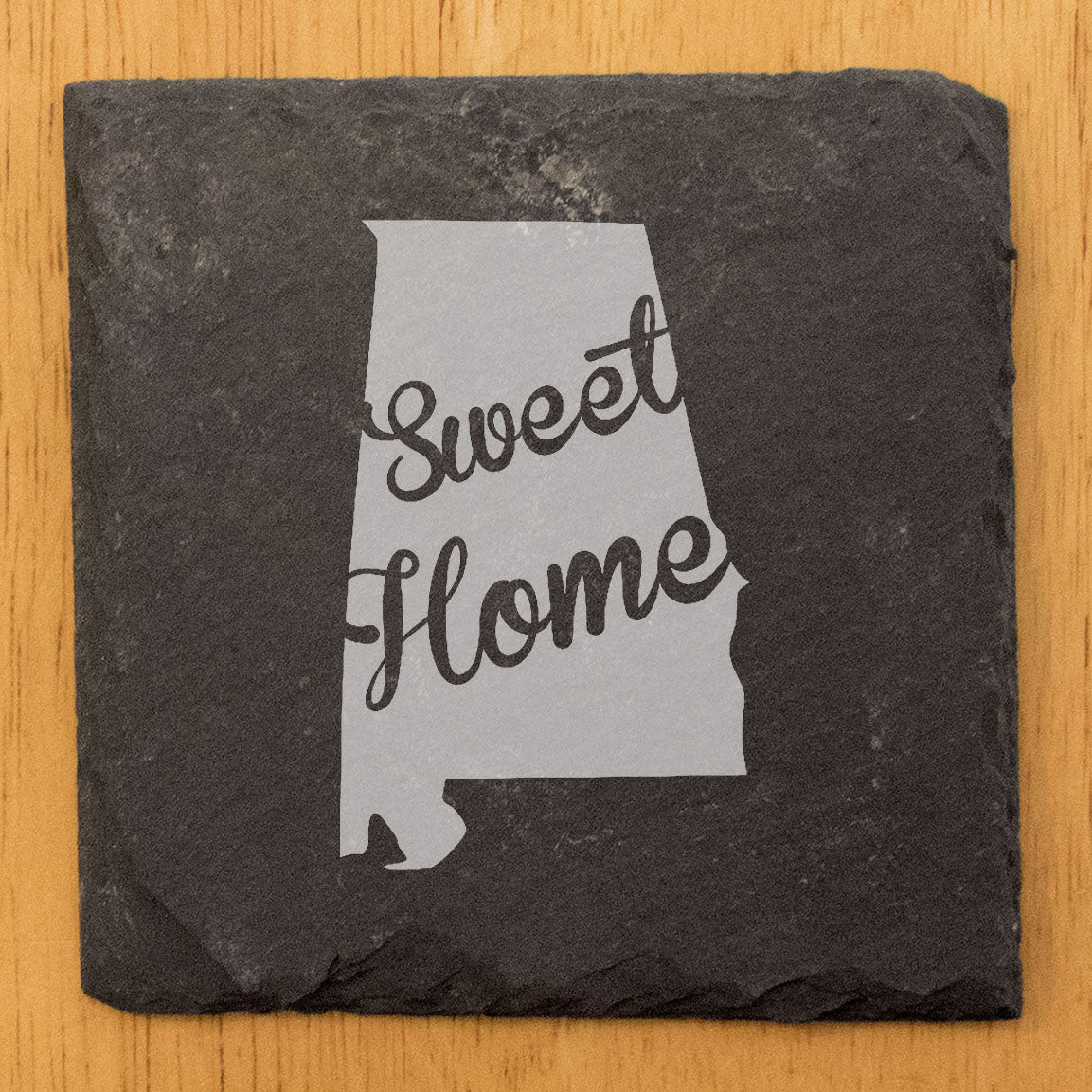 Rustic Slate Coasters Set of 4, Round 4" with 'Sweet Home' Alabama Design, Laser Etched, Perfect for Holidays, Birthdays, Housewarming, She-Shed, Man Cave, Made in Oregon, USA, Gift Boxed