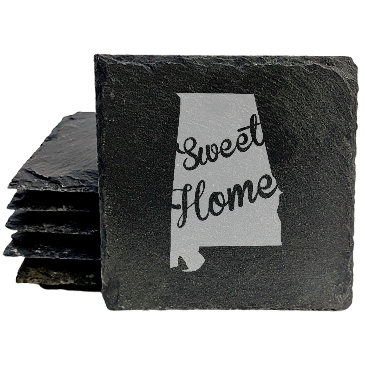Rustic Slate Coasters Set of 4, Round 4" with 'Sweet Home' Alabama Design, Laser Etched, Perfect for Holidays, Birthdays, Housewarming, She-Shed, Man Cave, Made in Oregon, USA, Gift Boxed