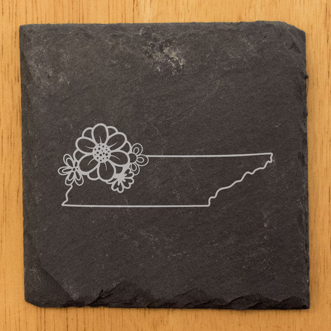 Rustic Slate Coasters Set of 4 - Tennessee State Outline with Flower Design, 4" Round/Square, Natural Chipped Edge, Rubber Feet, , Perfect for She-Shed/Man Cave, Made in Oregon, USA