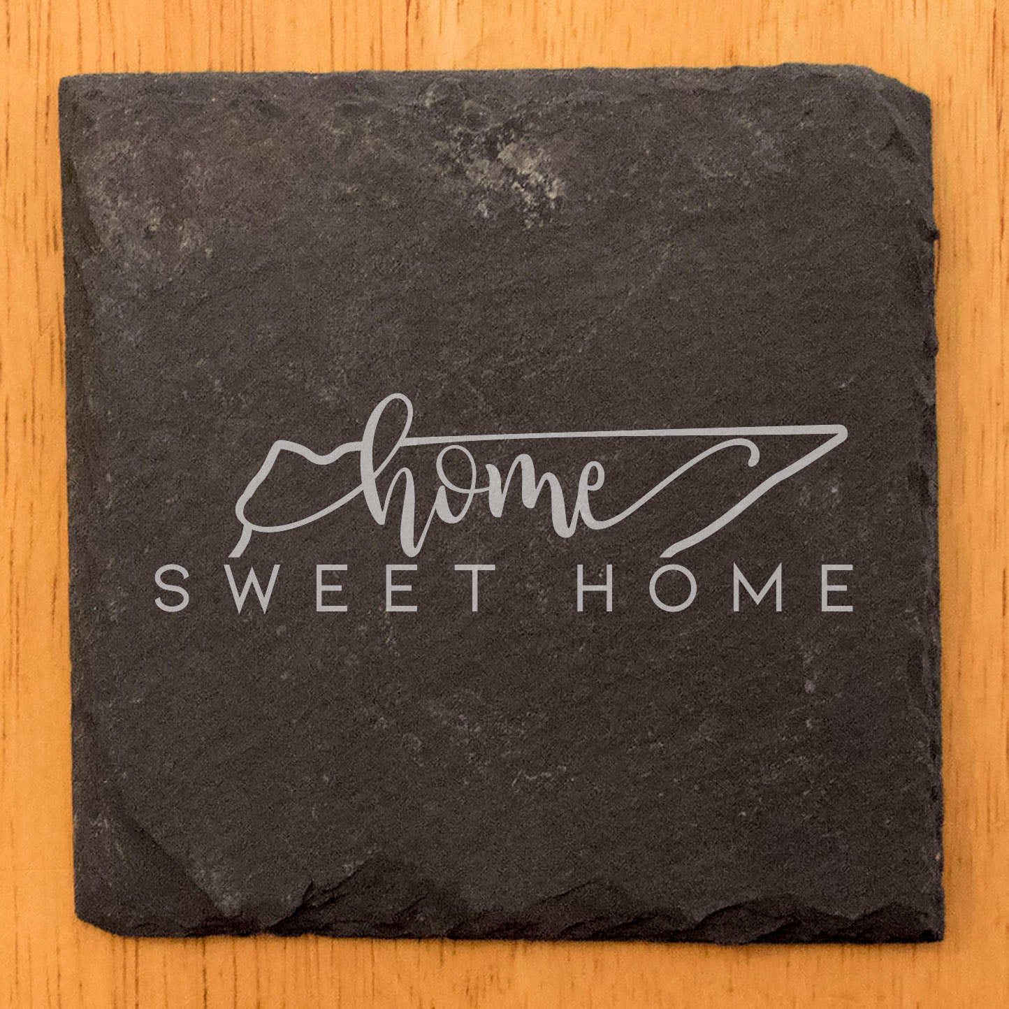 Rustic Slate Coasters Set of 4 - 4" Round with 'Home Sweet Home' Tennessee Design, Natural Chipped Edge, Rubber Feet, - Perfect for Holidays, Birthdays, Housewarming - Made in USA