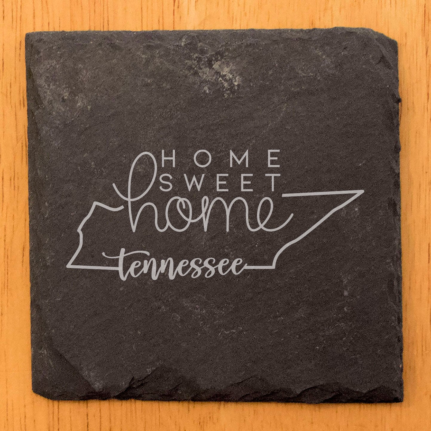 Rustic Slate Coasters Set of 4, Round 4" with Tennessee 'Home Sweet Home' Design, Perfect Gift for Holidays, Birthdays, Housewarming, She-Shed, Man Cave, Made in Oregon, USA, Natural Chipped Edge