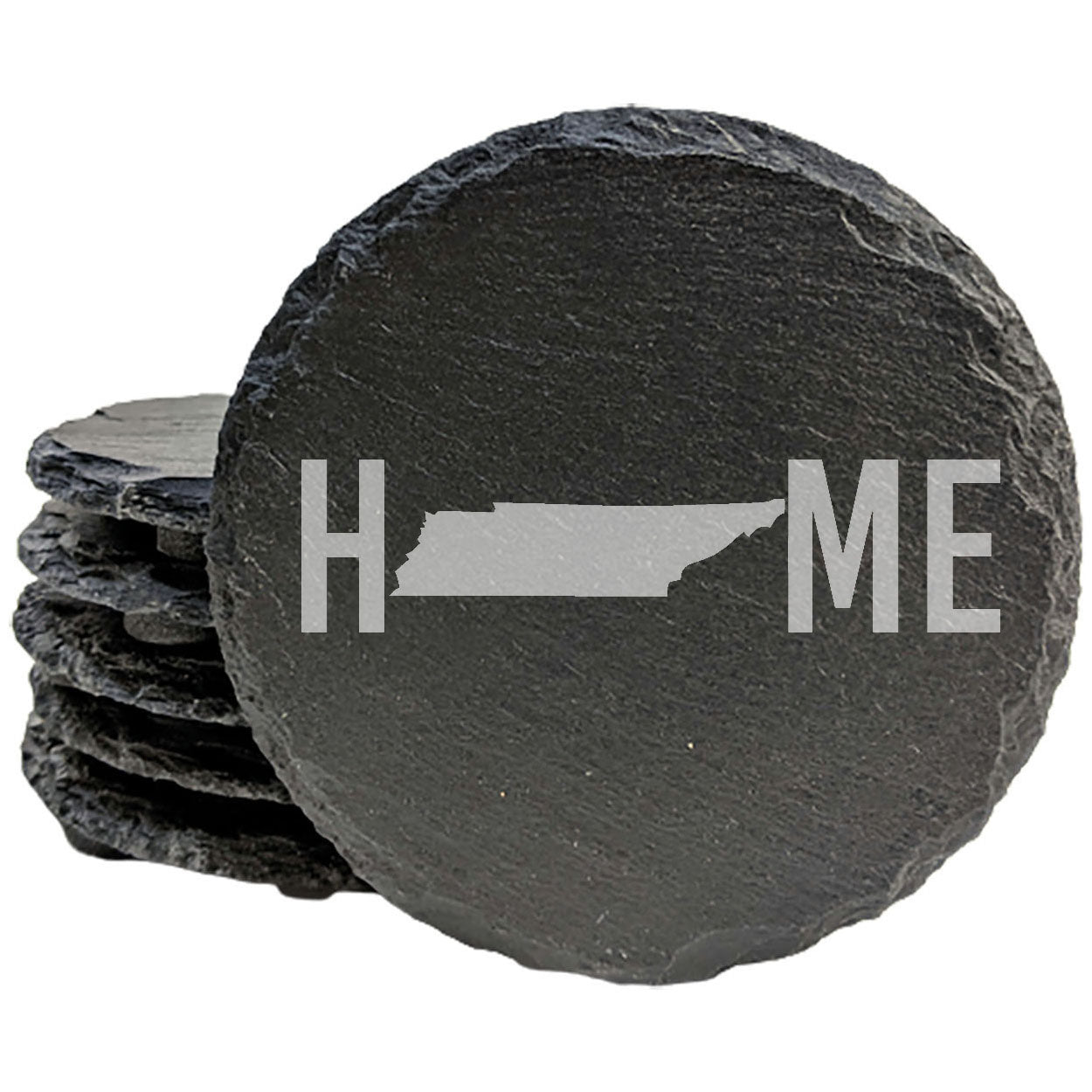 Rustic Slate Coasters Set of 4 - Laser Etched 'HOME' Design with Tennessee State - Perfect Gift for Holidays, Birthdays, Housewarming - 4" Round, Natural Chipped Edge, Made in Oregon, USA