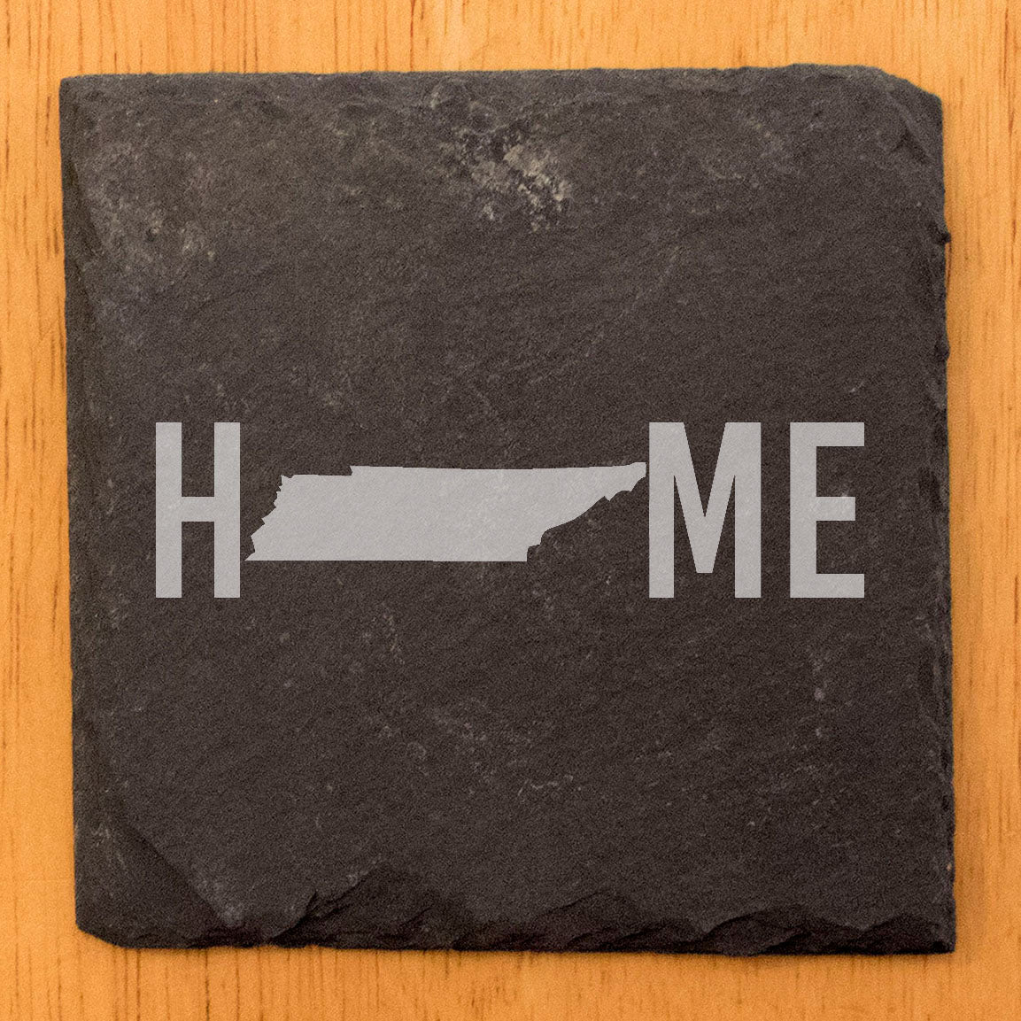 Rustic Slate Coasters Set of 4 - Laser Etched 'HOME' Design with Tennessee State - Perfect Gift for Holidays, Birthdays, Housewarming - 4" Round, Natural Chipped Edge, Made in Oregon, USA
