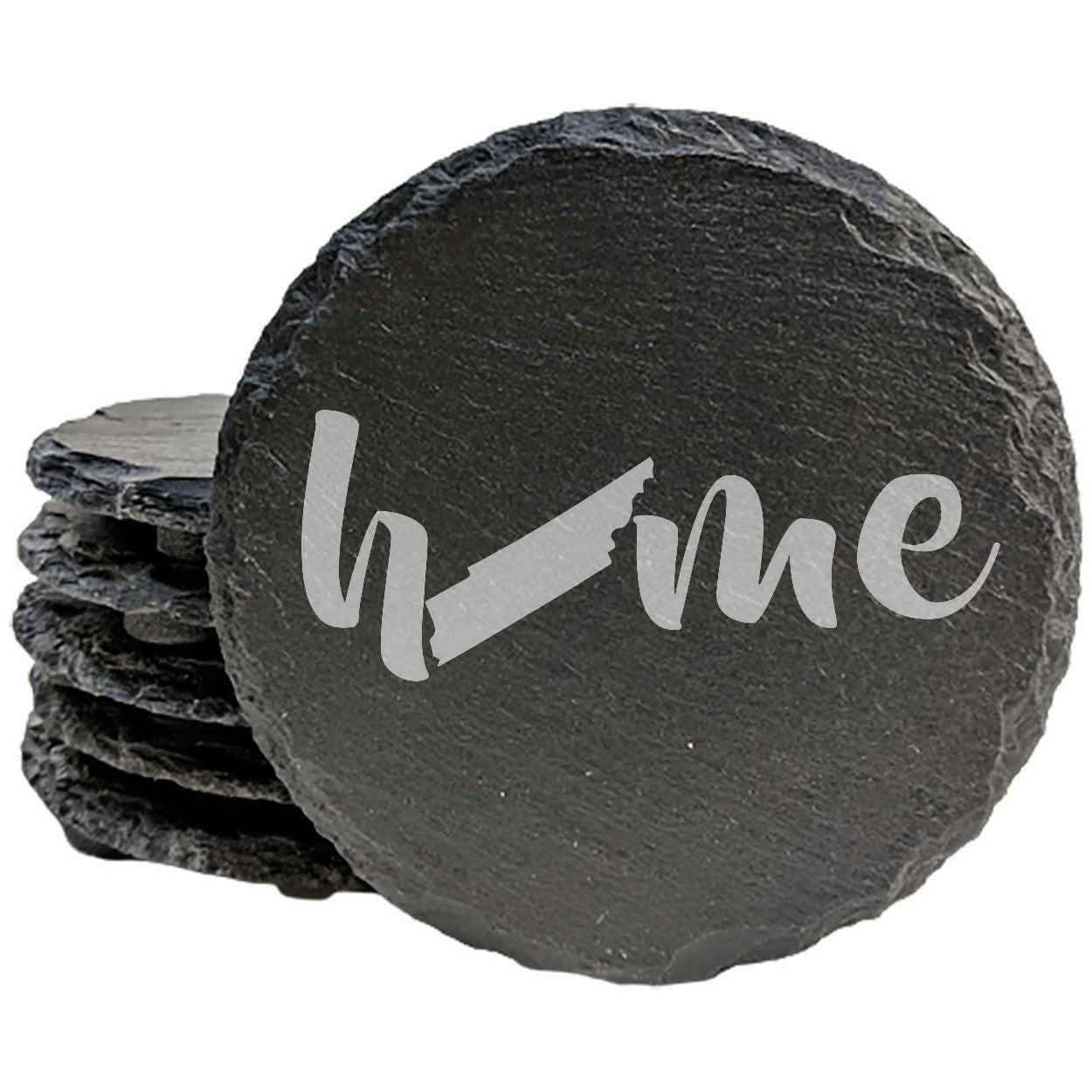 Rustic Slate Coasters Set of 4 - Laser Etched 'Home' Design with Tennessee State - Perfect Gift for Holidays, Birthdays, Housewarming - 4" Round/Square - Made in Oregon, USA - Natural Chipped Edge
