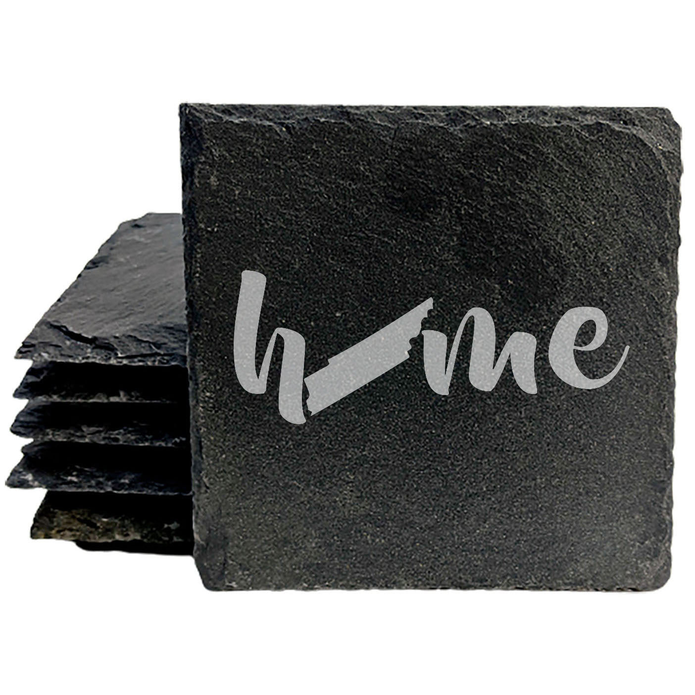Rustic Slate Coasters Set of 4 - Laser Etched 'Home' Design with Tennessee State - Perfect Gift for Holidays, Birthdays, Housewarming - 4" Round/Square - Made in Oregon, USA - Natural Chipped Edge