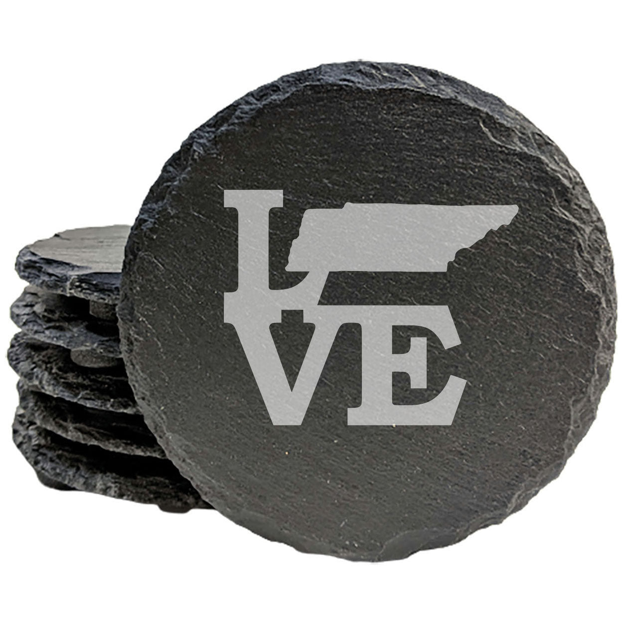 Rustic Slate Coasters Set of 4, Laser Etched 'LOVE' Design with Tennessee State, 4" Round, Natural Chipped Edge, Rubber Feet, , Perfect for Holidays, Birthdays, Housewarming, USA Made