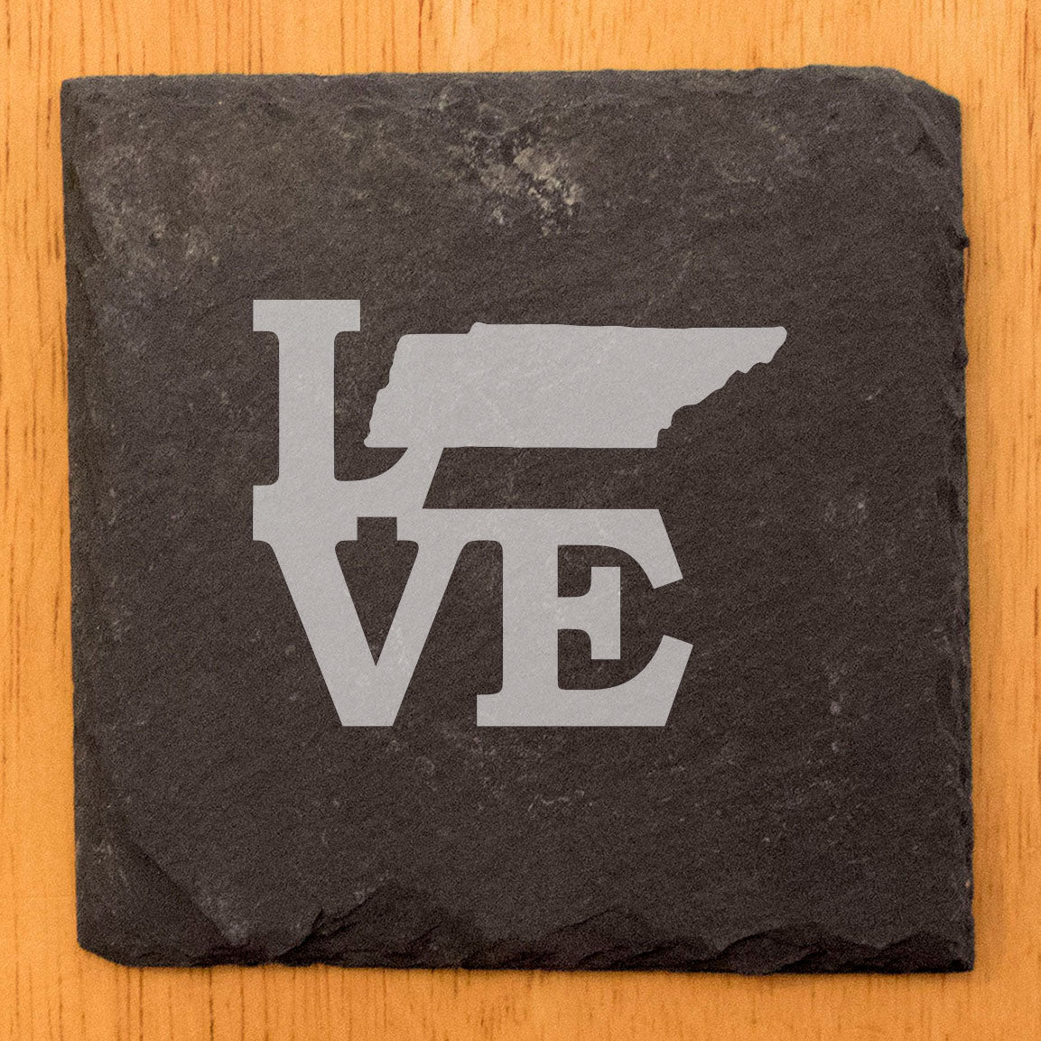 Rustic Slate Coasters Set of 4, Laser Etched 'LOVE' Design with Tennessee State, 4" Round, Natural Chipped Edge, Rubber Feet, , Perfect for Holidays, Birthdays, Housewarming, USA Made