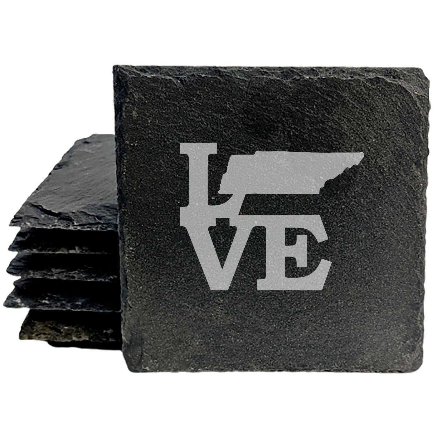 Rustic Slate Coasters Set of 4, Laser Etched 'LOVE' Design with Tennessee State, 4" Round, Natural Chipped Edge, Rubber Feet, , Perfect for Holidays, Birthdays, Housewarming, USA Made