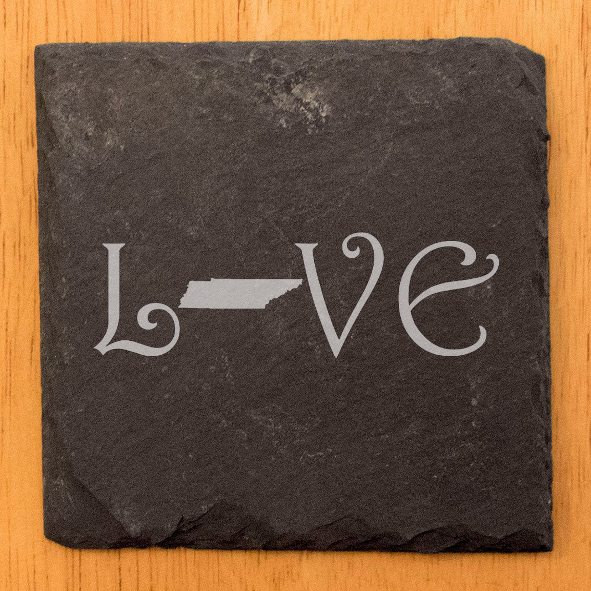 Rustic Slate Coasters Set of 4, Square 4" with 'LOVE' Tennessee Design, Laser Etched, Perfect Gift for Holidays, Birthdays, Housewarming, She-Shed, Man Cave, Made in Oregon, USA, Natural Edge