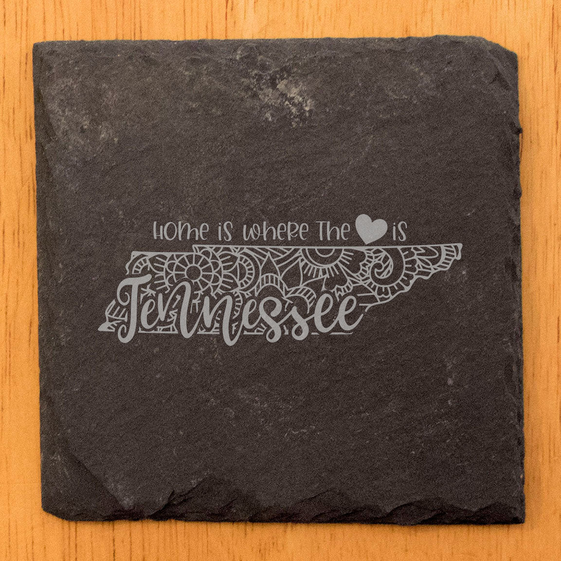 Rustic Slate Coasters Set of 4, Round 4" with Tennessee Mandala Design, 'Home is Where the Heart Is' Quote, Perfect Gift for Holidays, Birthdays, Housewarming, Made in Oregon, USA, Small Business