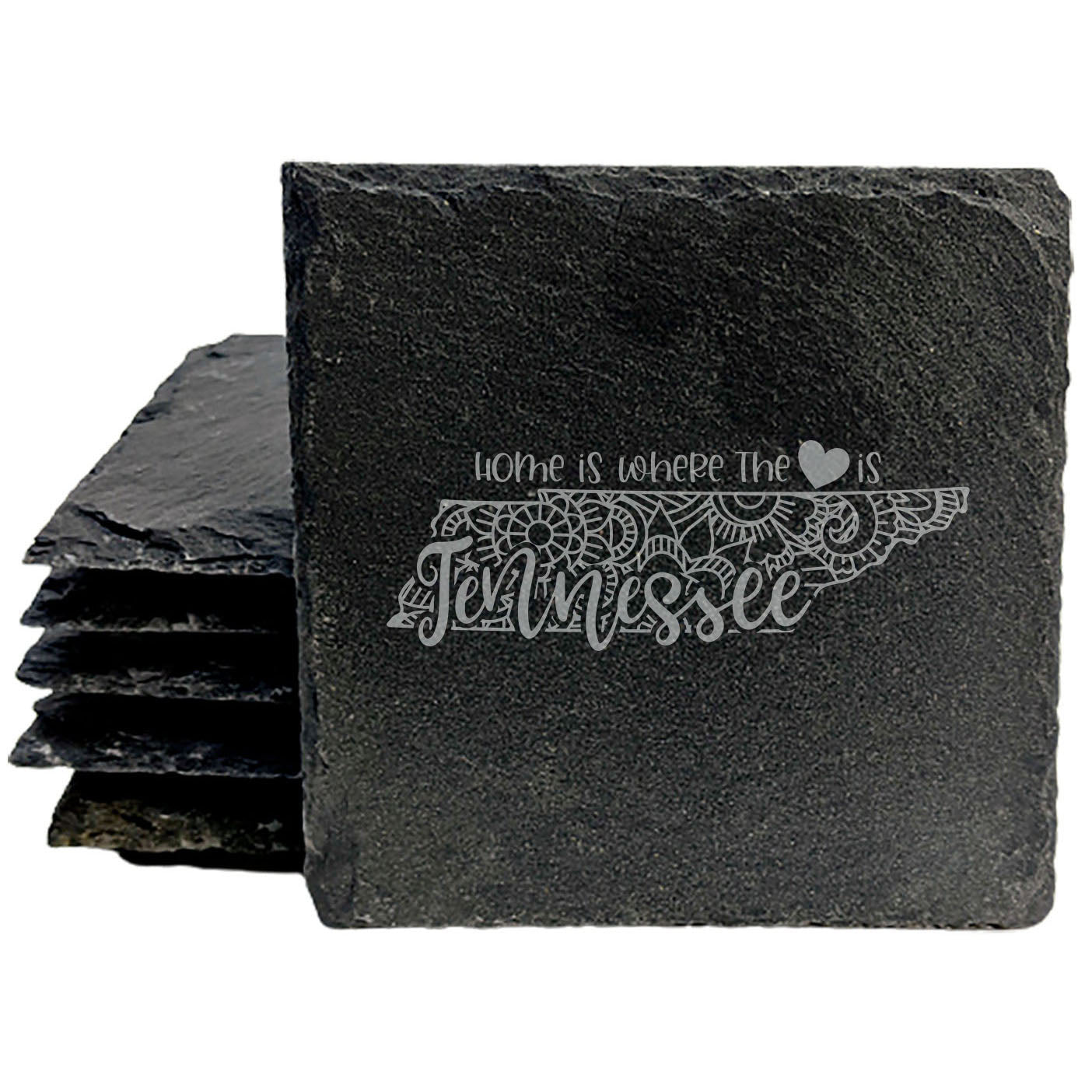 Rustic Slate Coasters Set of 4, Round 4" with Tennessee Mandala Design, 'Home is Where the Heart Is' Quote, Perfect Gift for Holidays, Birthdays, Housewarming, Made in Oregon, USA, Small Business