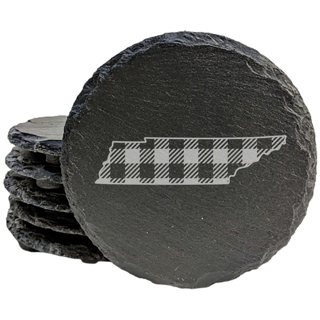 Rustic Slate Coasters Set of 4, Round 4" with Tennessee Plaid Design, Laser Etched, Natural Chipped Edge, Rubber Feet, , Perfect for Holidays, Birthdays, Housewarming, Made in USA