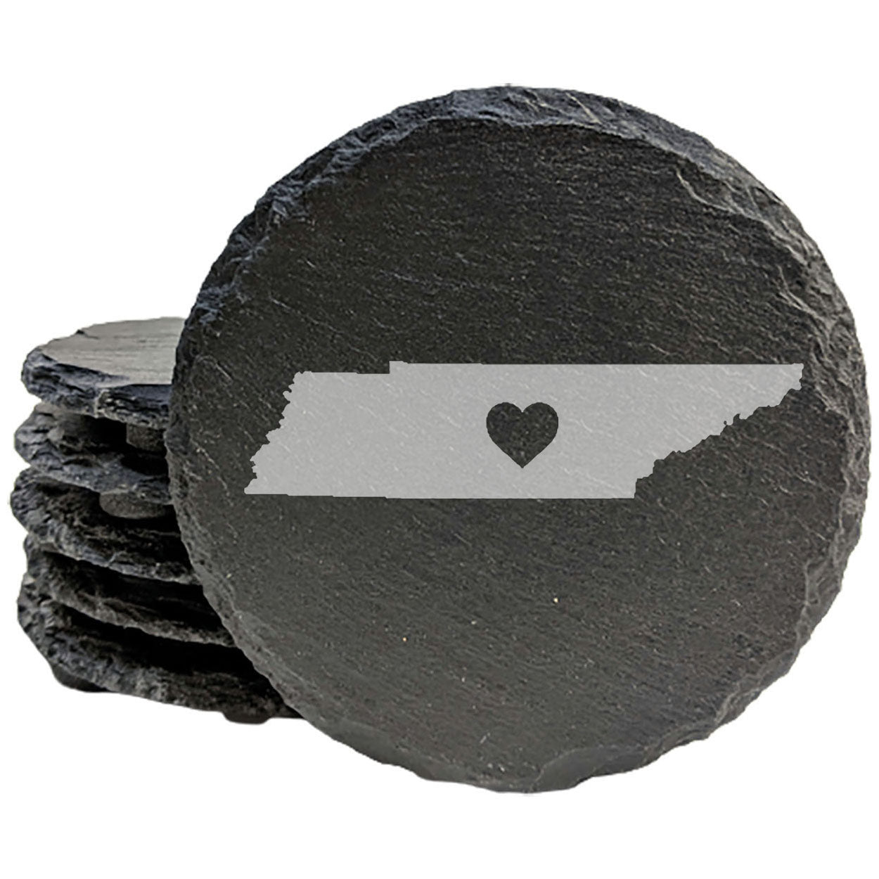 Rustic Slate Coasters Set of 4, Round 4" with Tennessee Heart Design, Laser Etched, Perfect for Holidays, Birthdays, Housewarming Gifts, Made in Oregon, USA, Natural Chipped Edge, Rubber Feet