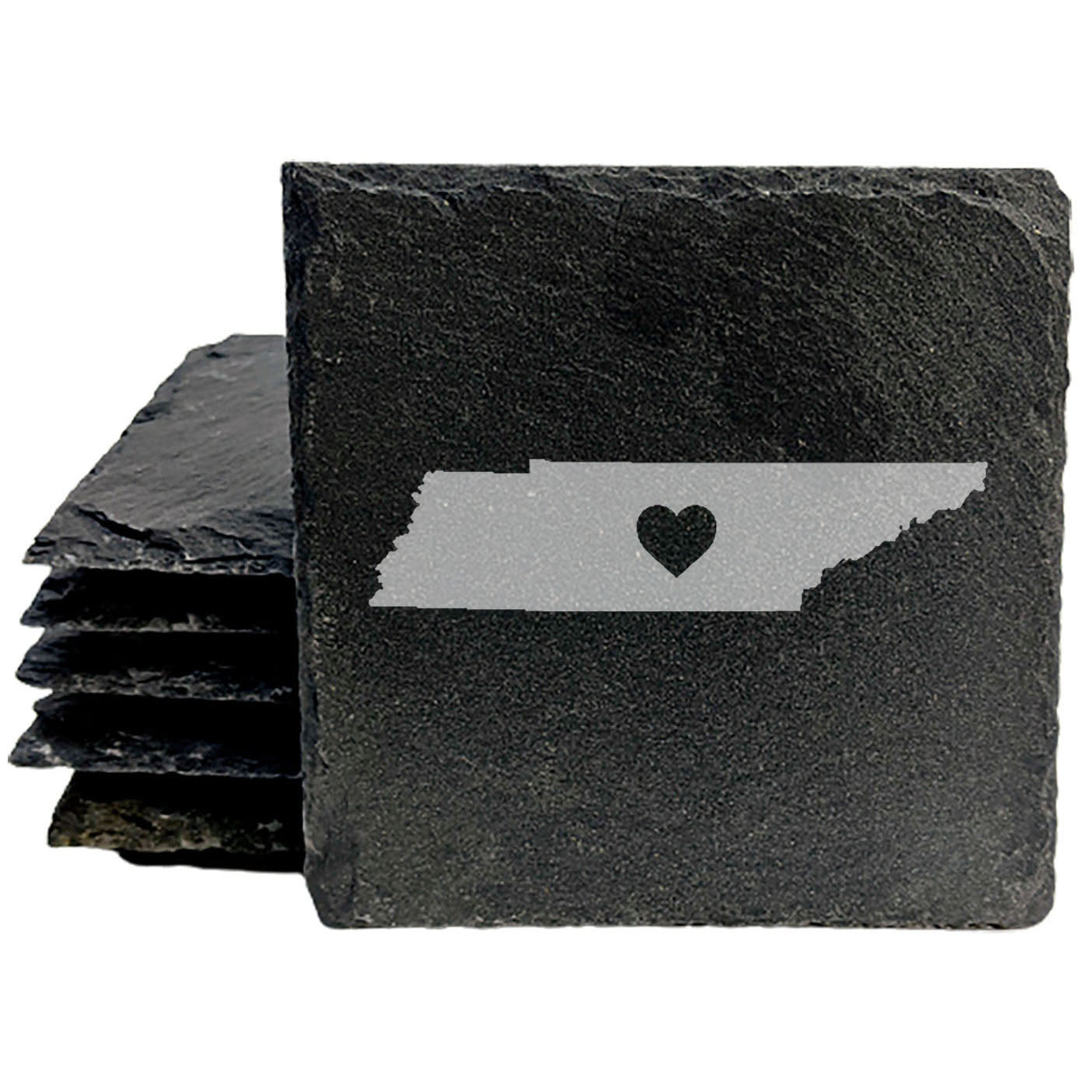 Rustic Slate Coasters Set of 4, Round 4" with Tennessee Heart Design, Laser Etched, Perfect for Holidays, Birthdays, Housewarming Gifts, Made in Oregon, USA, Natural Chipped Edge, Rubber Feet
