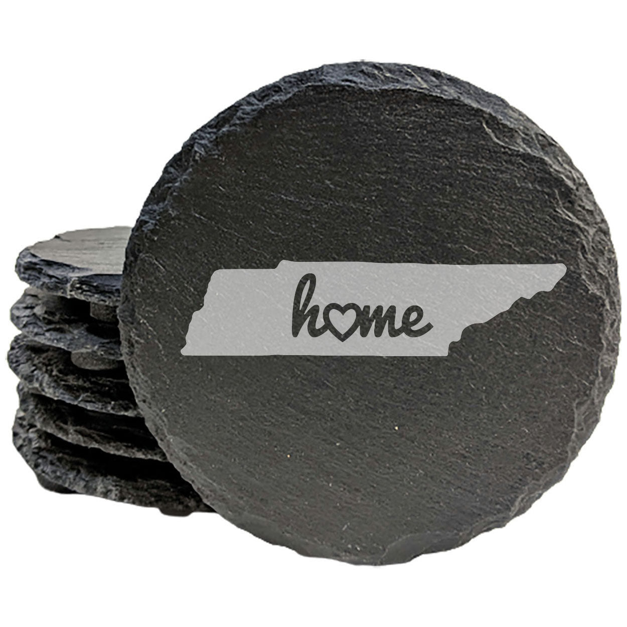 Rustic Slate Coasters Set of 4, Round 4" with Tennessee 'Home' Heart Design, Perfect for Holidays, Birthdays, Housewarming Gifts, She-Shed or Man Cave, Made in Oregon, USA, Natural Chipped Edge