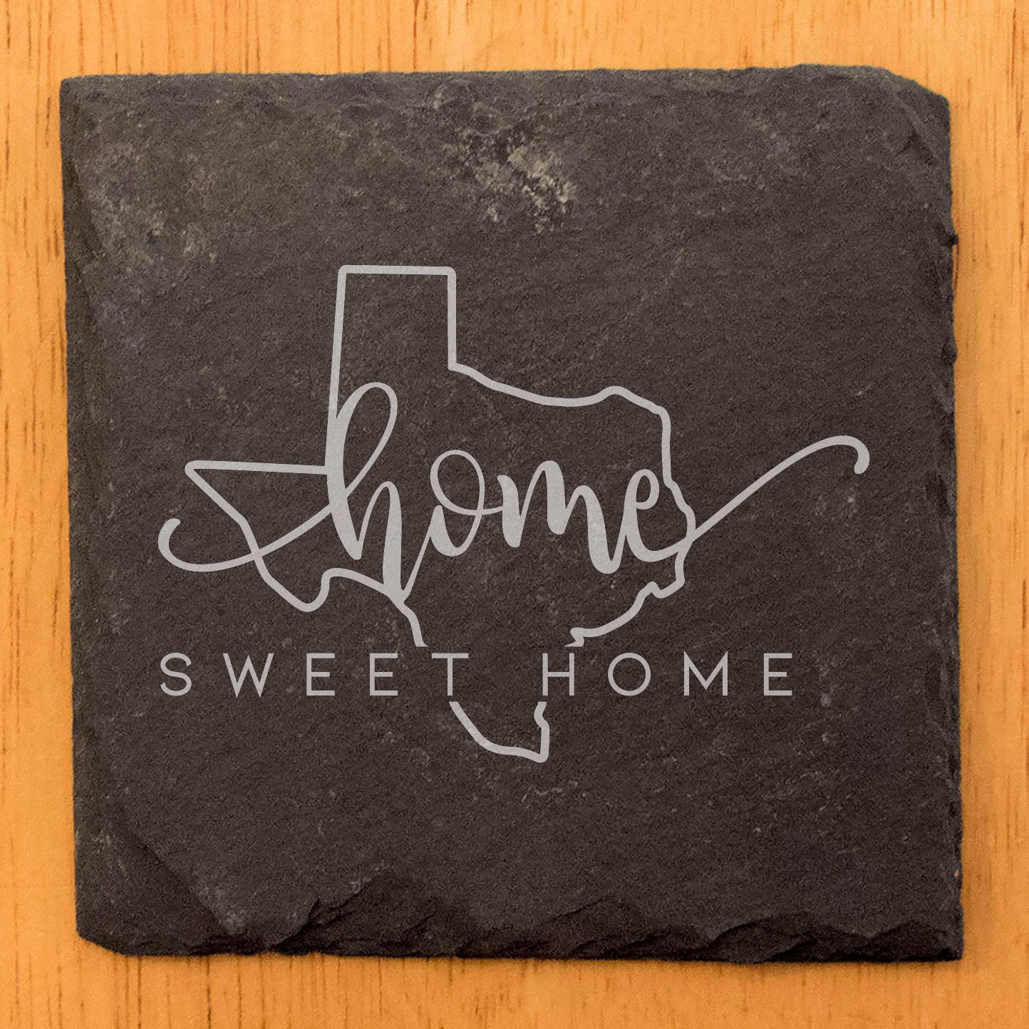 Rustic Slate Coasters Set of 4, Round 4" with Texas 'Home Sweet Home' Design, Perfect Gift for Holidays, Birthdays, Housewarming, She-Shed, Man Cave, Made in Oregon, USA, Natural Chipped Edge