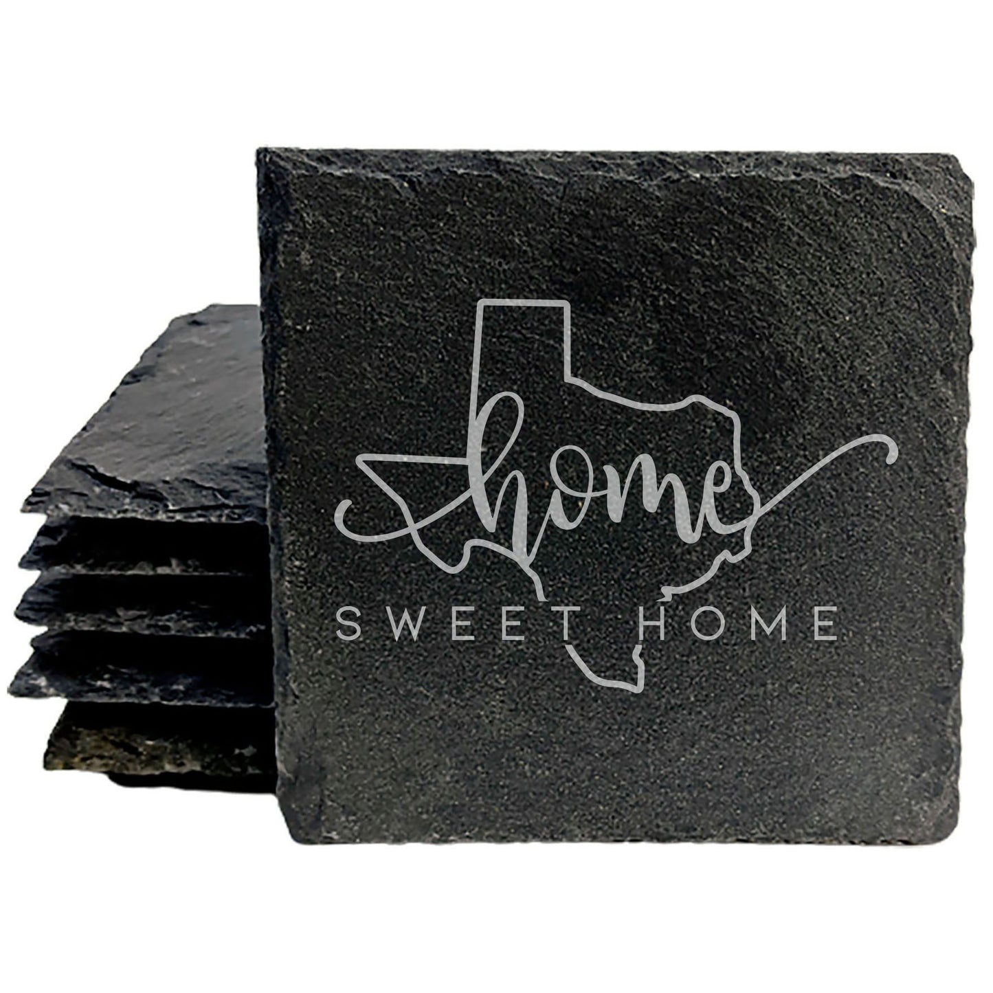 Rustic Slate Coasters Set of 4, Round 4" with Texas 'Home Sweet Home' Design, Perfect Gift for Holidays, Birthdays, Housewarming, She-Shed, Man Cave, Made in Oregon, USA, Natural Chipped Edge