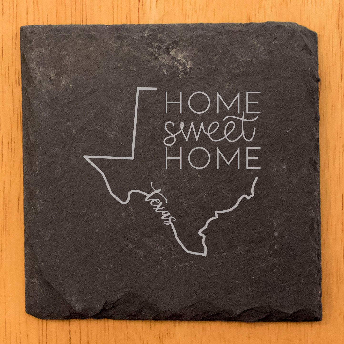 Rustic Slate Coasters Set of 4 - Texas Design 'Home Sweet Home' - 4" Round, Natural Chipped Edge, Rubber Feet - Perfect Gift for Holidays, Birthdays, Housewarming - Made in Oregon, USA