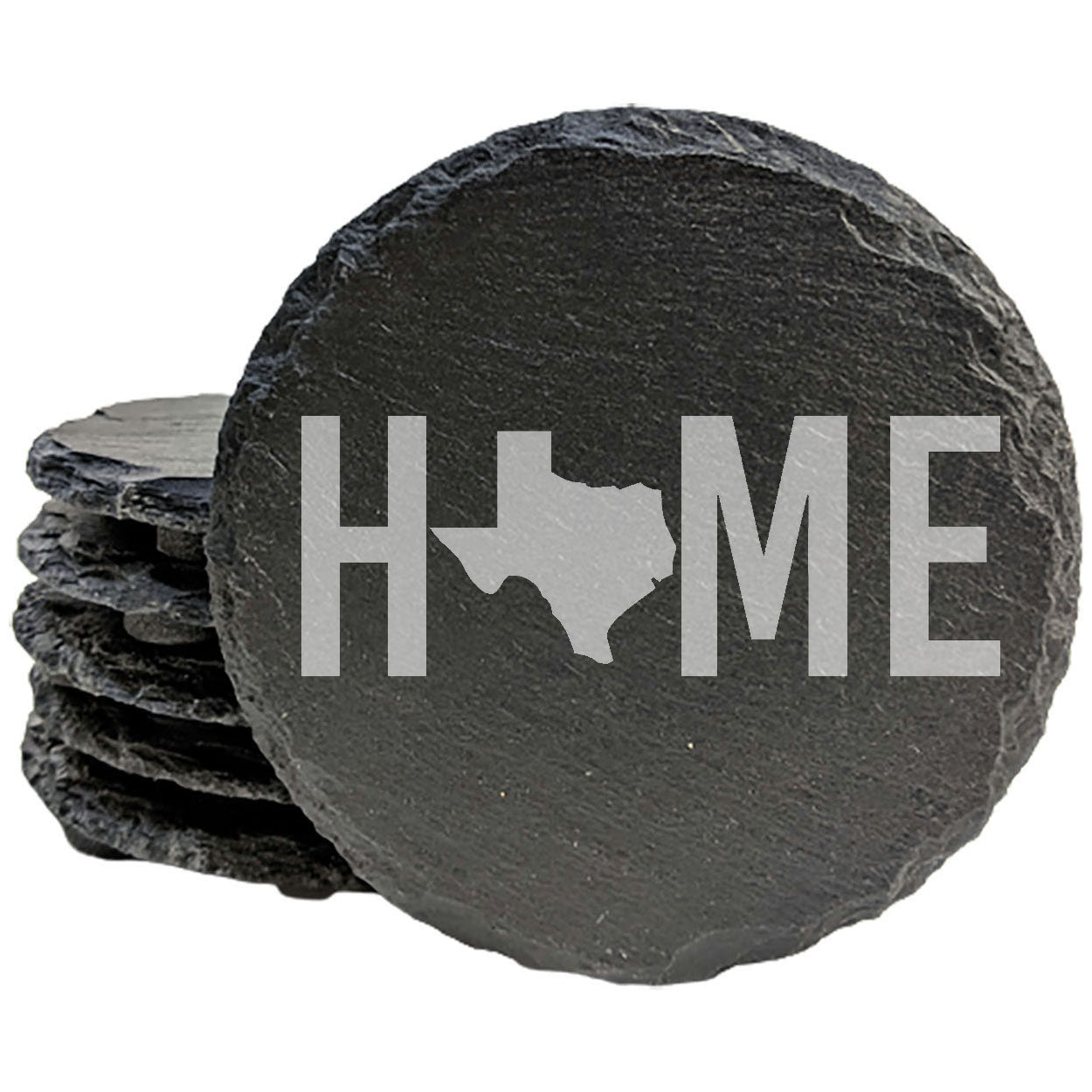 Rustic Slate Coasters Set of 4, Laser Etched 'HOME' Texas Design, 4" Round, Natural Chipped Edge, Rubber Feet, , Perfect for Holidays, Birthdays, Housewarming, Made in Oregon, USA