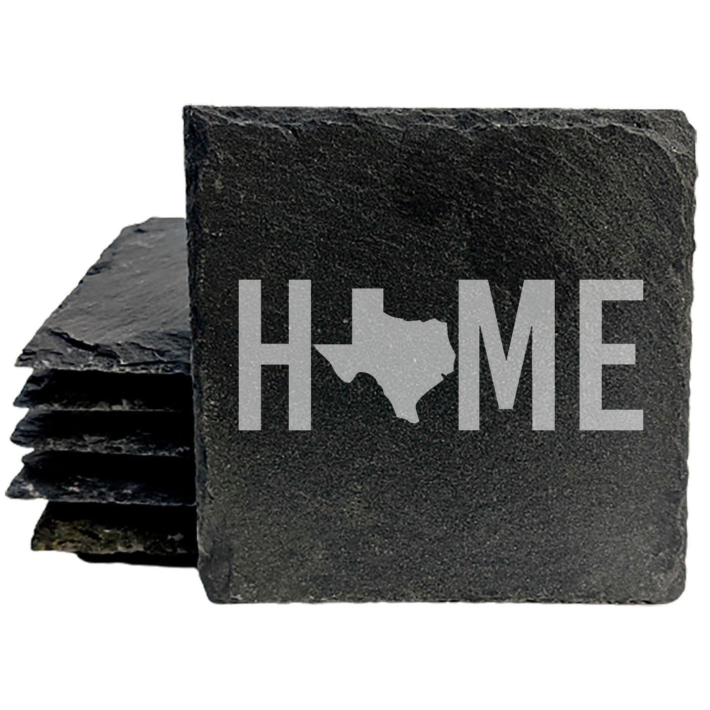 Rustic Slate Coasters Set of 4, Laser Etched 'HOME' Texas Design, 4" Round, Natural Chipped Edge, Rubber Feet, , Perfect for Holidays, Birthdays, Housewarming, Made in Oregon, USA
