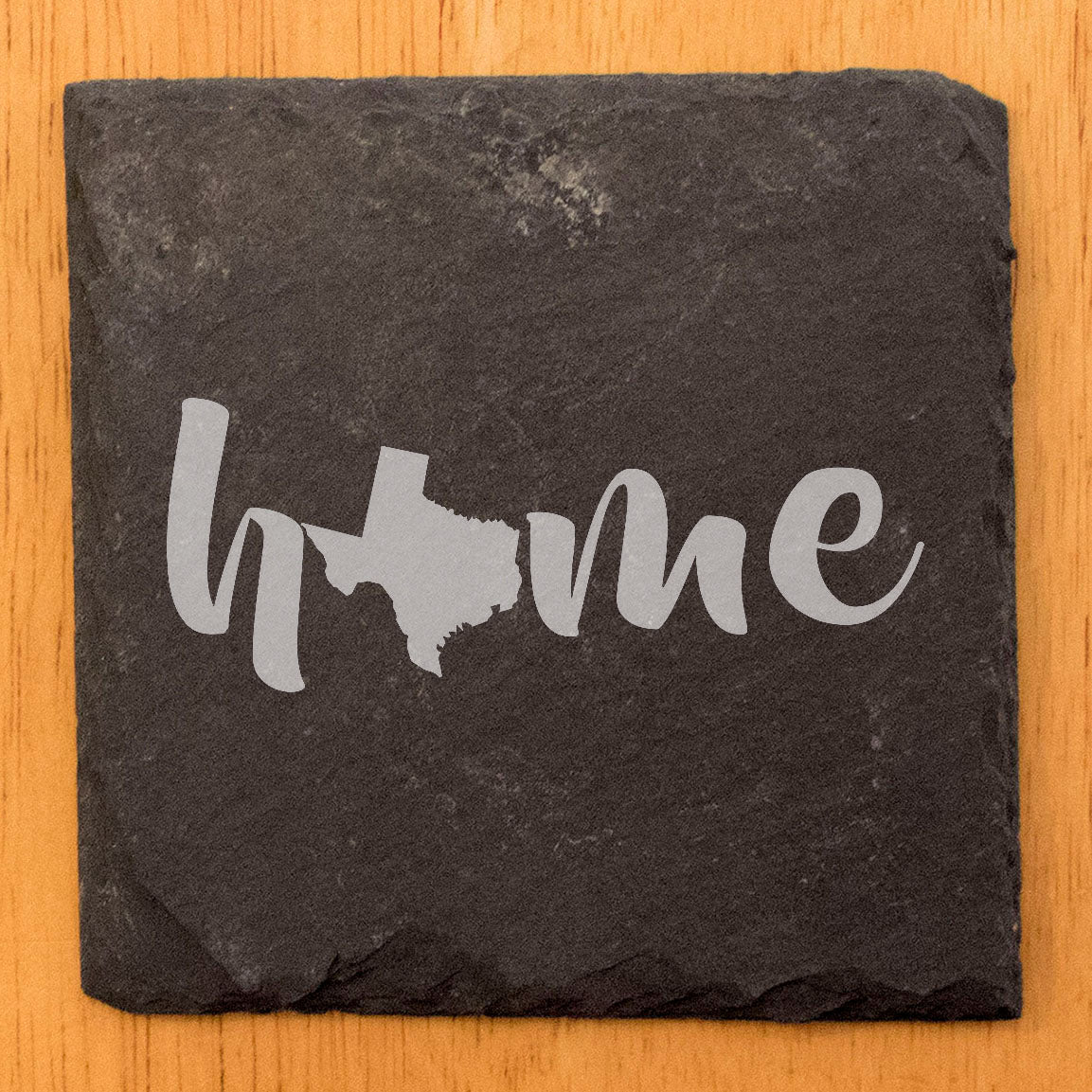 Rustic Slate Coasters Set of 4 - Laser Etched 'Home' Design with Texas State - Perfect Gift for Holidays, Birthdays, Housewarming - 4" Round/Square - Made in Oregon, USA - Natural Chipped Edge