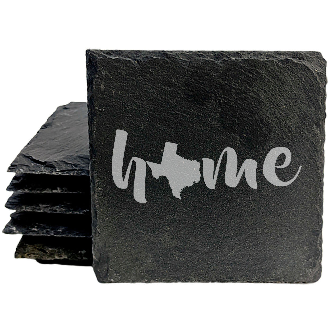 Rustic Slate Coasters Set of 4 - Laser Etched 'Home' Design with Texas State - Perfect Gift for Holidays, Birthdays, Housewarming - 4" Round/Square - Made in Oregon, USA - Natural Chipped Edge