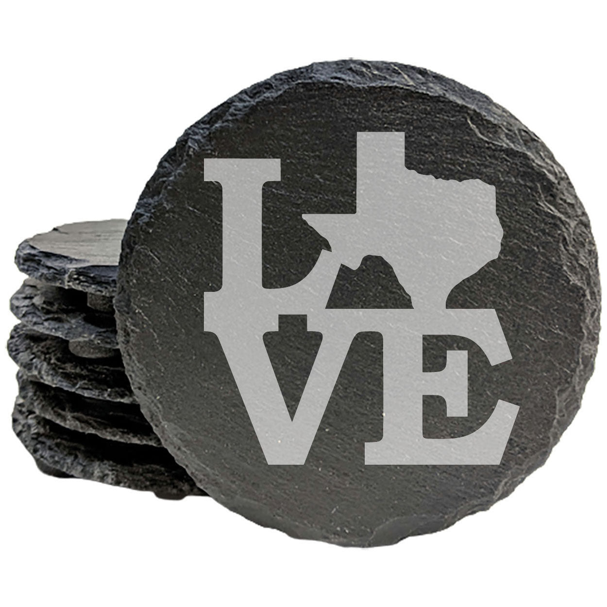 Rustic Slate Coasters Set of 4, Round 4" with 'LOVE' Texas Design, Laser Etched, Perfect for Holidays, Birthdays, Housewarming Gifts, Made in Oregon, USA, Natural Chipped Edge, Rubber Feet