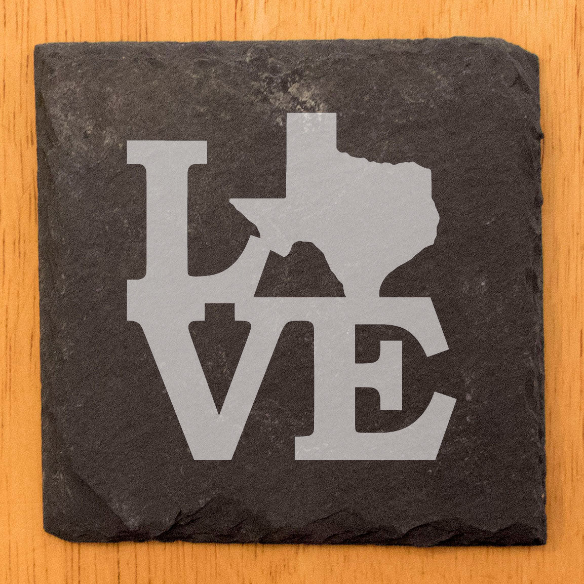 Rustic Slate Coasters Set of 4, Round 4" with 'LOVE' Texas Design, Laser Etched, Perfect for Holidays, Birthdays, Housewarming Gifts, Made in Oregon, USA, Natural Chipped Edge, Rubber Feet