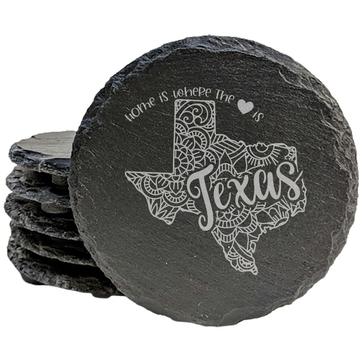Rustic Slate Coasters Set of 4, Round 4" with Texas Mandala Design, 'Home is Where the Heart Is' Quote, Perfect for Holidays, Birthdays, Housewarming, She-Shed, Man Cave, Made in Oregon, USA