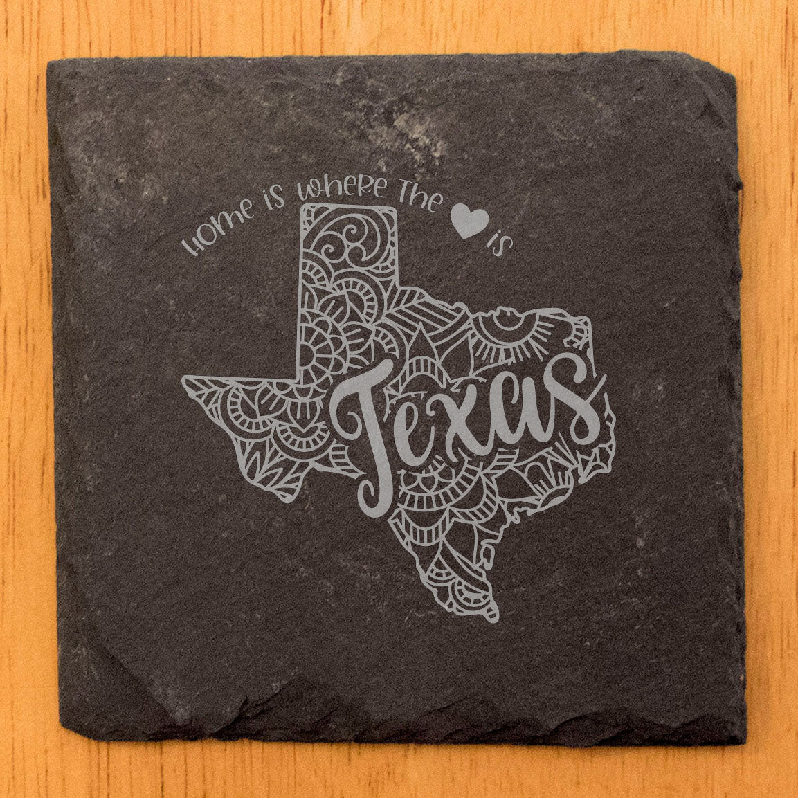 Rustic Slate Coasters Set of 4, Round 4" with Texas Mandala Design, 'Home is Where the Heart Is' Quote, Perfect for Holidays, Birthdays, Housewarming, She-Shed, Man Cave, Made in Oregon, USA